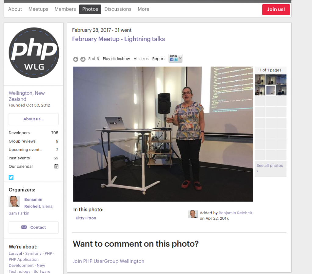 picture of the php user group webpage with a picture of kitty speaking.