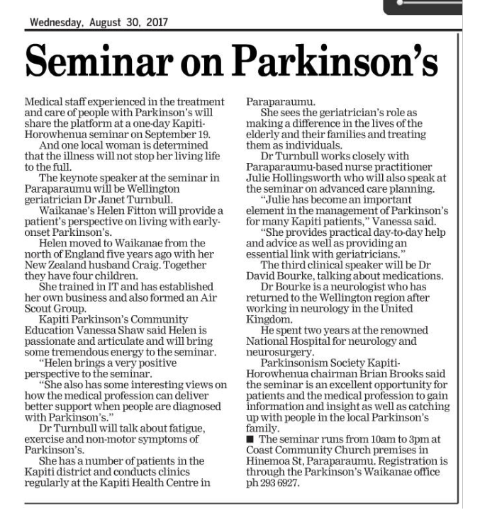 news article 30th August 2017 about Kitty's first speech on Parkinson's. 