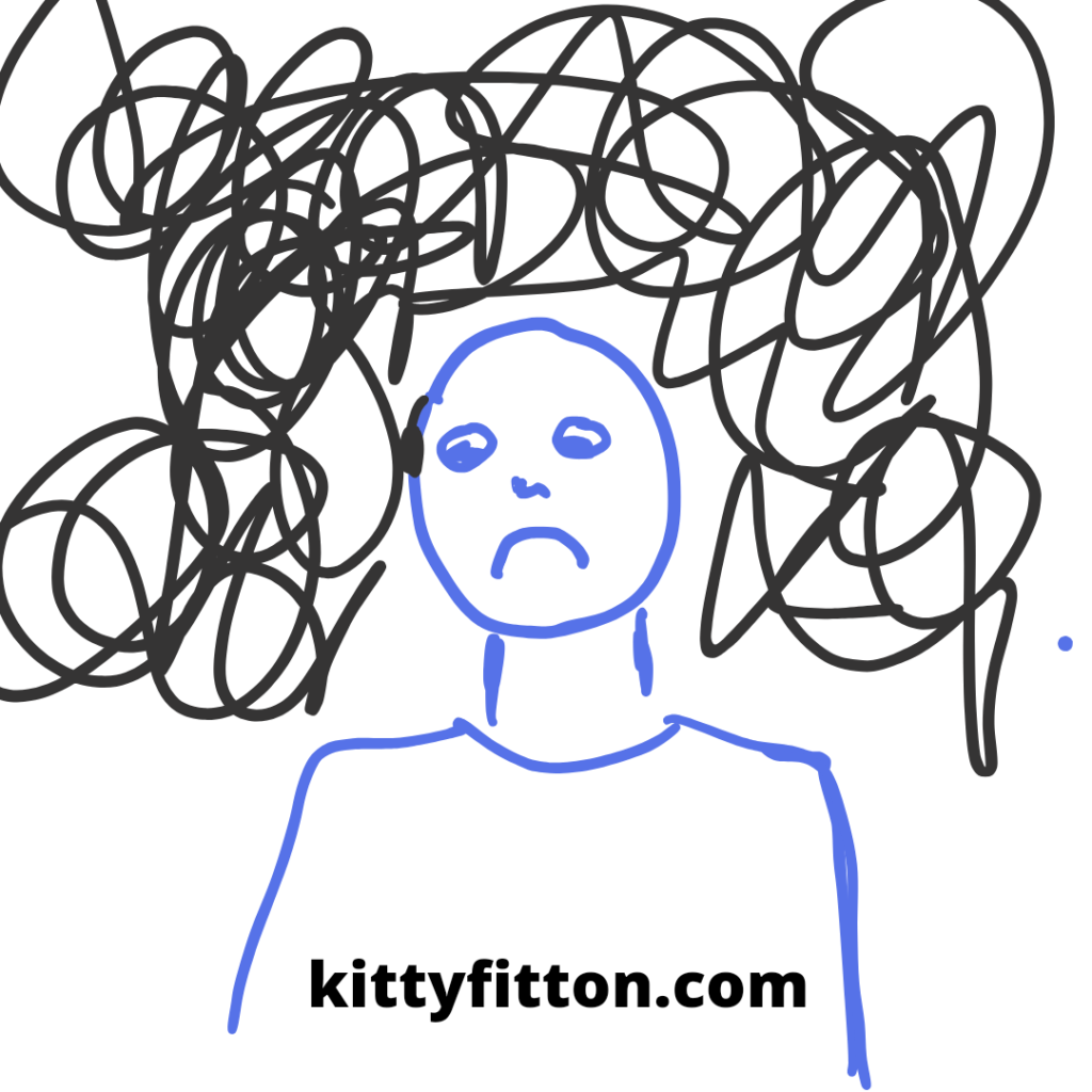 image shows unhappy sick man surrounded by black squiggly mess.
